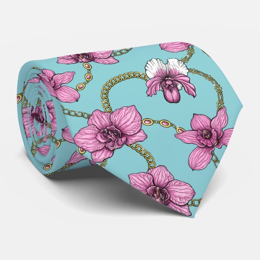 Orchideeën en kettingen, roze en blauw stropdas (Opgerold)