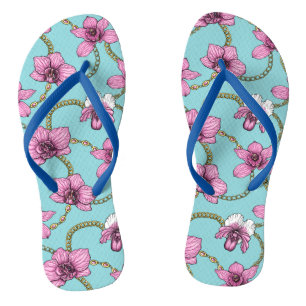Orchideeën en kettingen, roze en blauw teenslippers