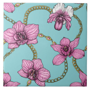 Orchideeën en kettingen, roze en blauw tegeltje
