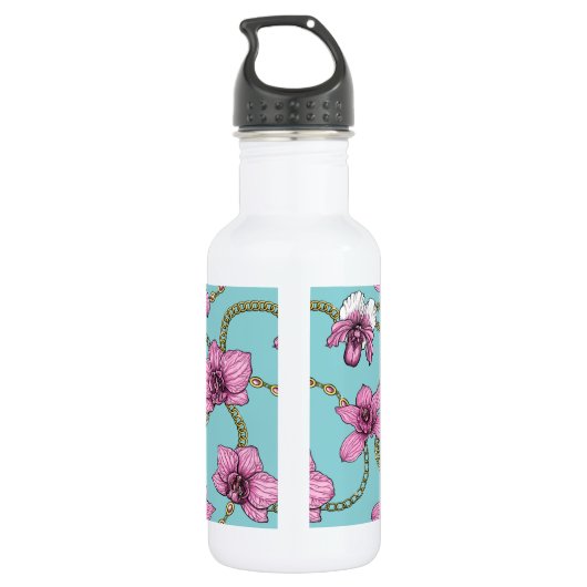 Orchideeën en kettingen, roze en blauw waterfles  (Achterkant)