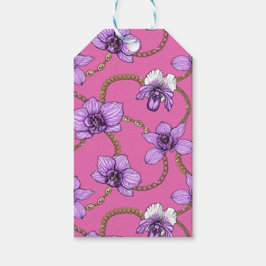 Orchideeën en kettingen, violet en roze cadeaulabel (Voorkant)