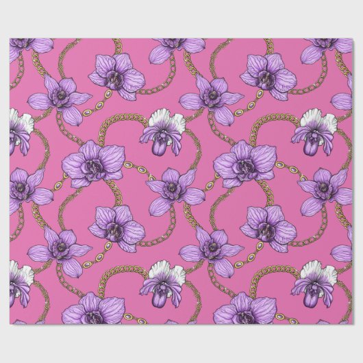Orchideeën en kettingen, violet en roze cadeaupapier (Vlak)