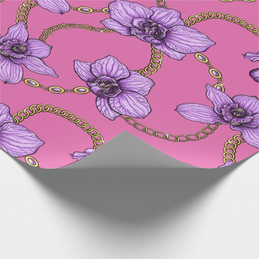 Orchideeën en kettingen, violet en roze cadeaupapier (Hoek)