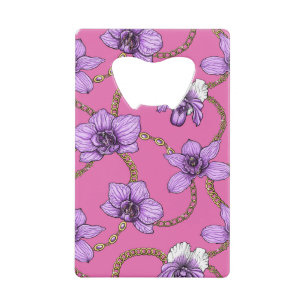 Orchideeën en kettingen, violet en roze creditkaart flessenopener