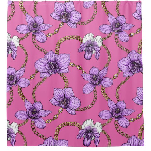 Orchideeën en kettingen, violet en roze douchegordijn (Voorkant)