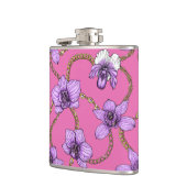 Orchideeën en kettingen, violet en roze heupfles (Links)