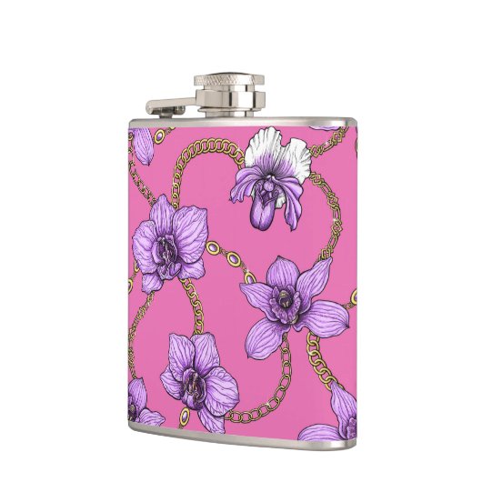 Orchideeën en kettingen, violet en roze heupfles (Links)