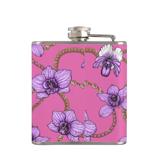Orchideeën en kettingen, violet en roze heupfles (Achterkant)