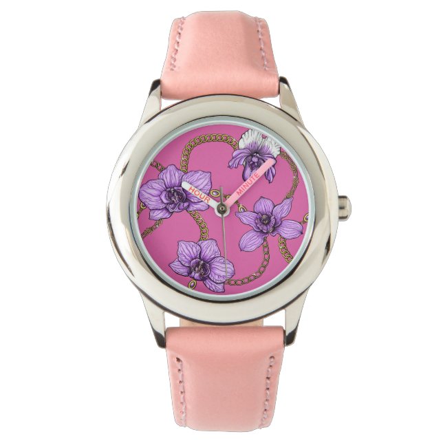 Orchideeën en kettingen, violet en roze horloge (Voorkant)