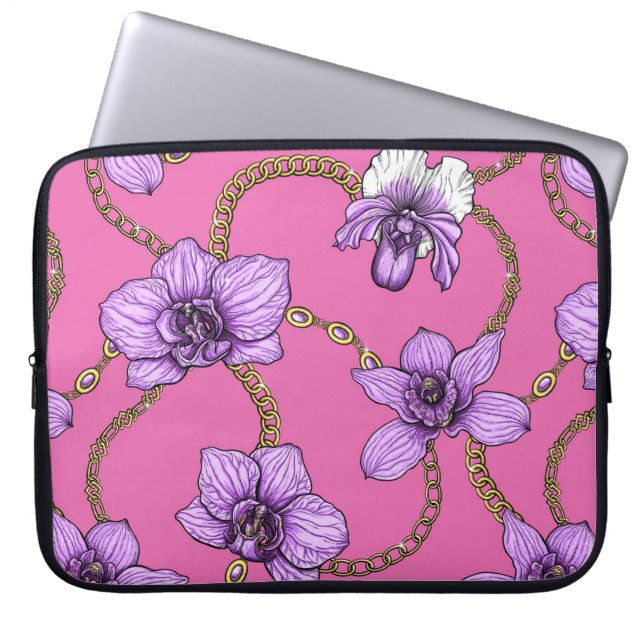 Orchideeën en kettingen, violet en roze laptop sleeve (Voorkant)