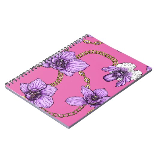 Orchideeën en kettingen, violet en roze notitieboek (Linkerzijde)