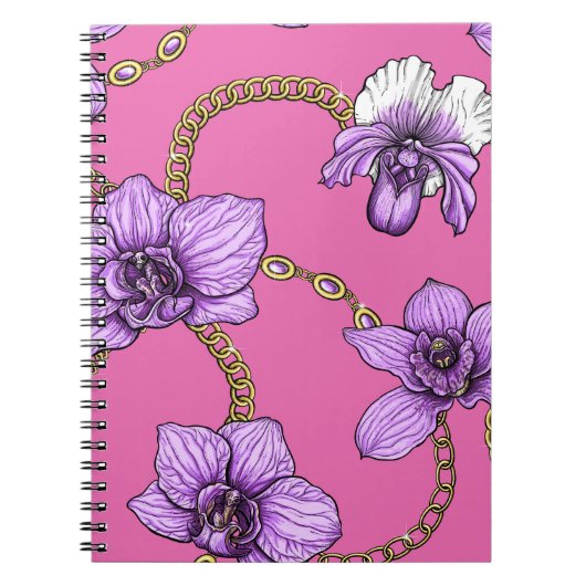 Orchideeën en kettingen, violet en roze notitieboek (Voorkant)