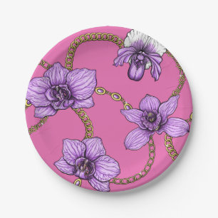 Orchideeën en kettingen, violet en roze papieren bordje