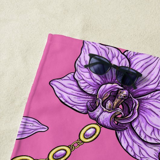 Orchideeën en kettingen, violet en roze strandlaken (In situ)
