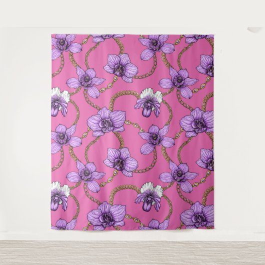 Orchideeën en kettingen, violet en roze wandkleed (Voorkant)