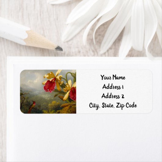 Orchideeën en kolibrie kop etiket (Insitu)