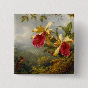 Orchideeën en kolibrie kop vierkante button 5,1 cm