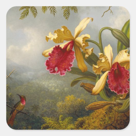Orchideeën en kolibrie kop vierkante sticker (Voorkant)
