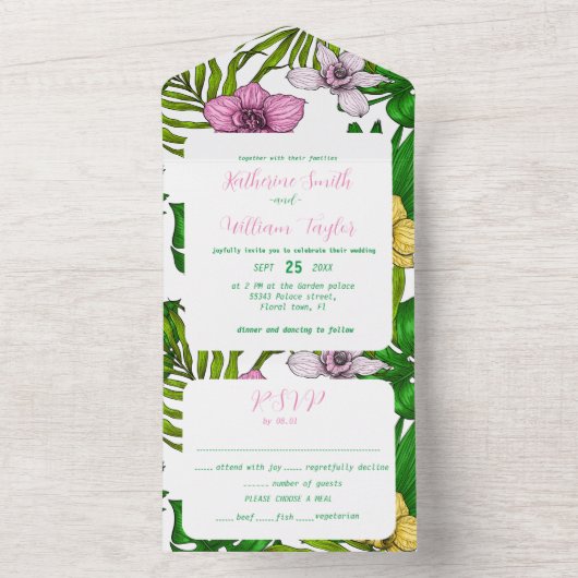 Orchideeën en palmbladeren all in one uitnodiging (Binnen)