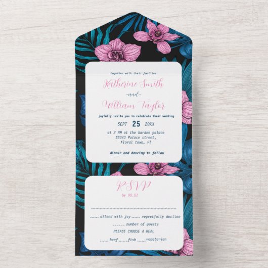 Orchideeën en palmbladeren in één uitnodiging (Binnen)