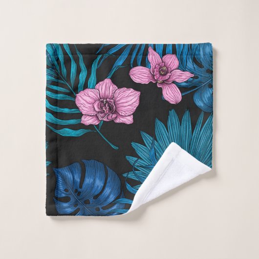 Orchideeën en palmbladeren, roze en blauw op zwart bad handdoek (Wasdoekje)