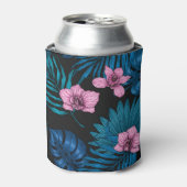 Orchideeën en palmbladeren, roze en blauw op zwart blikjeskoeler (Blikje Voorkant)