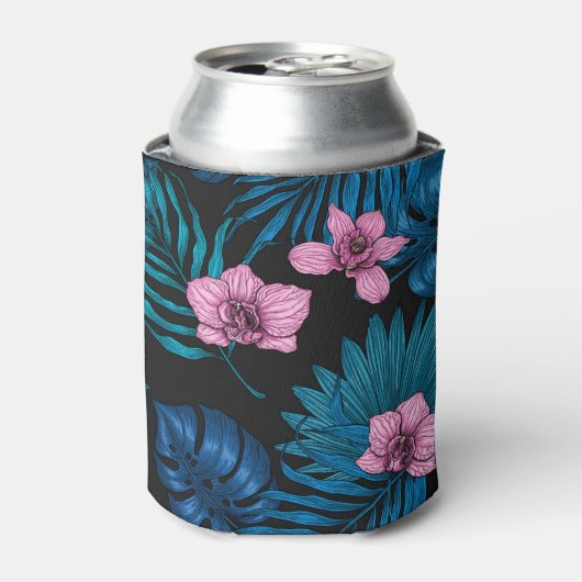 Orchideeën en palmbladeren, roze en blauw op zwart blikjeskoeler (Blikje Voorkant)