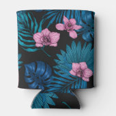 Orchideeën en palmbladeren, roze en blauw op zwart blikjeskoeler (Achterkant)