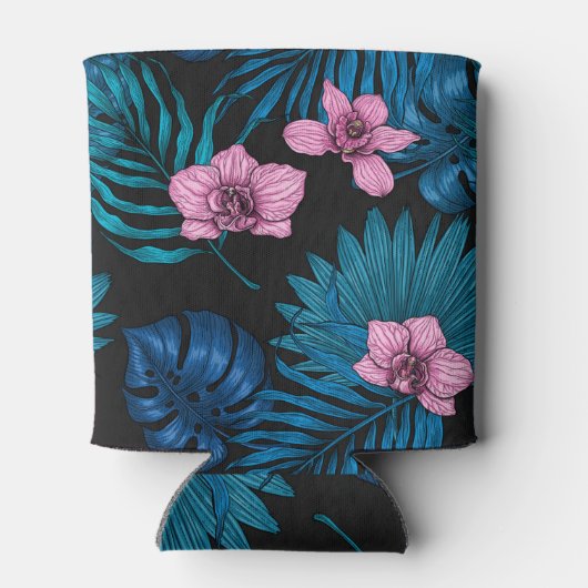 Orchideeën en palmbladeren, roze en blauw op zwart blikjeskoeler (Achterkant)