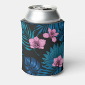 Orchideeën en palmbladeren, roze en blauw op zwart blikjeskoeler (Blikje Achterkant)