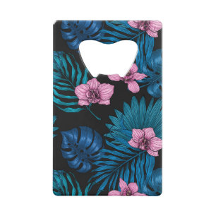 Orchideeën en palmbladeren, roze en blauw op zwart creditkaart flessenopener