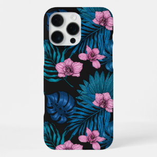 Orchideeën en palmbladeren, roze en blauw op zwart iPhone 16 pro max hoesje
