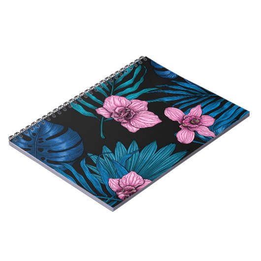 Orchideeën en palmbladeren, roze en blauw op zwart notitieboek (Linkerzijde)