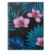 Orchideeën en palmbladeren, roze en blauw op zwart notitieboek (Voorkant)