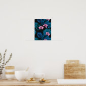 Orchideeën en palmbladeren, roze en blauw op zwart poster (Keuken)