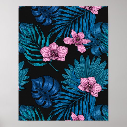 Orchideeën en palmbladeren, roze en blauw op zwart poster (Voorkant)