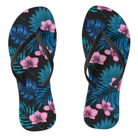 Orchideeën en palmbladeren, roze en blauw op zwart teenslippers (Voetbed)