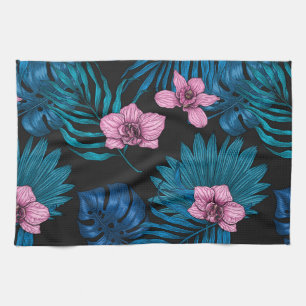 Orchideeën en palmbladeren, roze en blauw op zwart theedoek