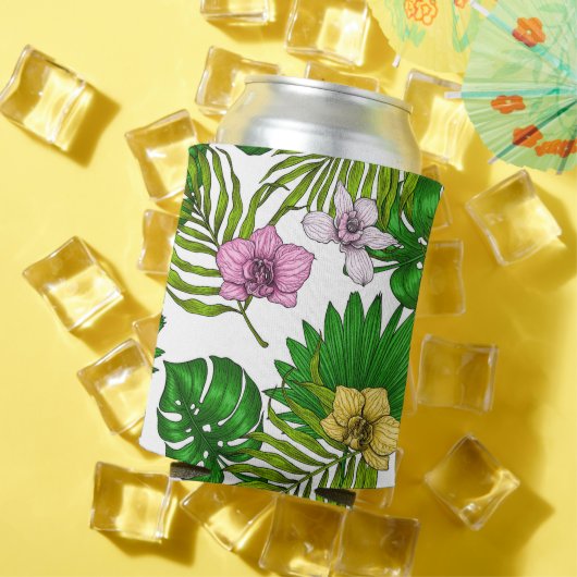 Orchideeën en palmbladeren, roze, geel, groen en w blikjeskoeler (Insitu Zomer)