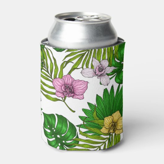 Orchideeën en palmbladeren, roze, geel, groen en w blikjeskoeler (Blikje Voorkant)