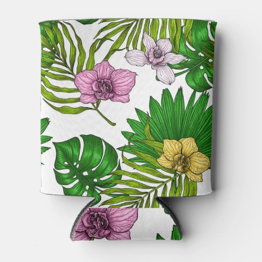 Orchideeën en palmbladeren, roze, geel, groen en w blikjeskoeler (Voorkant)