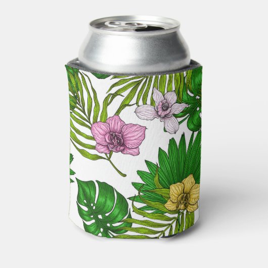 Orchideeën en palmbladeren, roze, geel, groen en w blikjeskoeler (Blikje Achterkant)