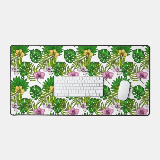 Orchideeën en palmbladeren, roze, geel, groen en w bureaumat (Keyboard & Muis)