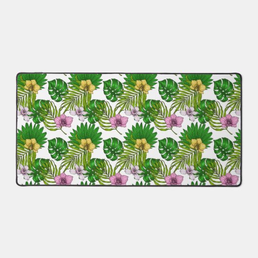 Orchideeën en palmbladeren, roze, geel, groen en w bureaumat (Voorkant)