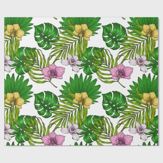 Orchideeën en palmbladeren, roze, geel, groen en w cadeaupapier (Vlak)