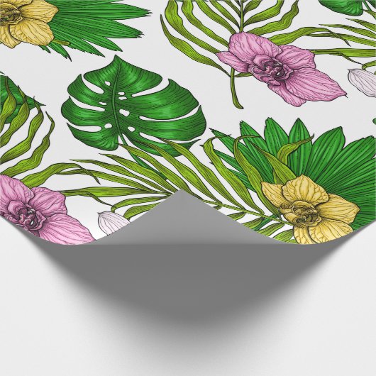 Orchideeën en palmbladeren, roze, geel, groen en w cadeaupapier (Hoek)