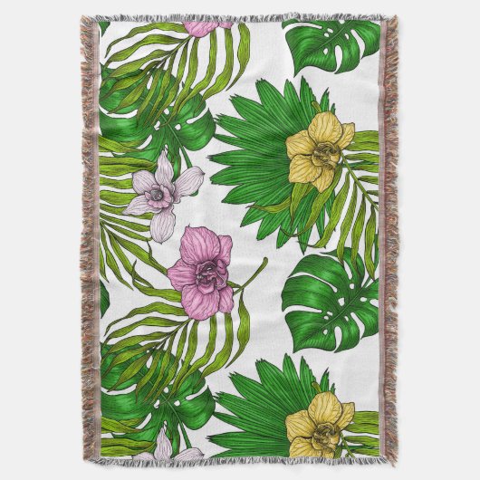 Orchideeën en palmbladeren, roze, geel, groen en w deken (Voorkant Verticaal)