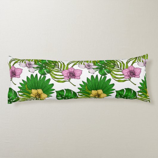 Orchideeën en palmbladeren, roze, geel, groen en w lichaamskussen (Achterkant)