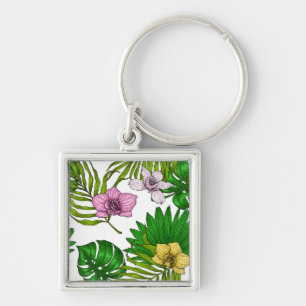Orchideeën en palmbladeren, roze, geel, groen en w sleutelhanger