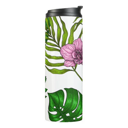 Orchideeën en palmbladeren, roze, geel, groen en w thermosbeker (Gedraaid links)